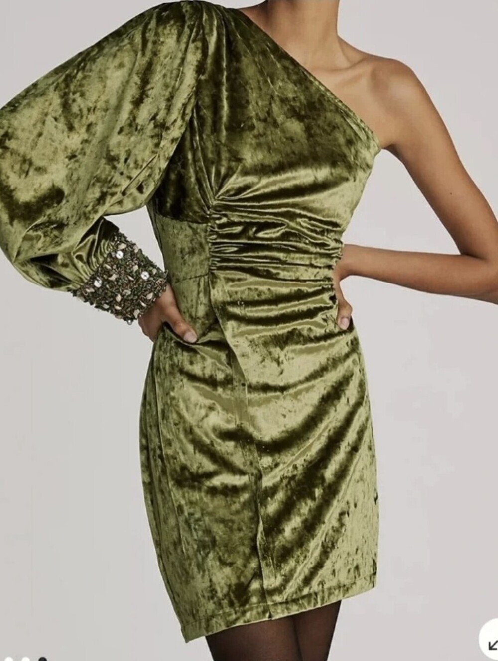 Anthropologie Nirmooha One-Shoulder Olive Green Velvet Cocktail Dress Size 6